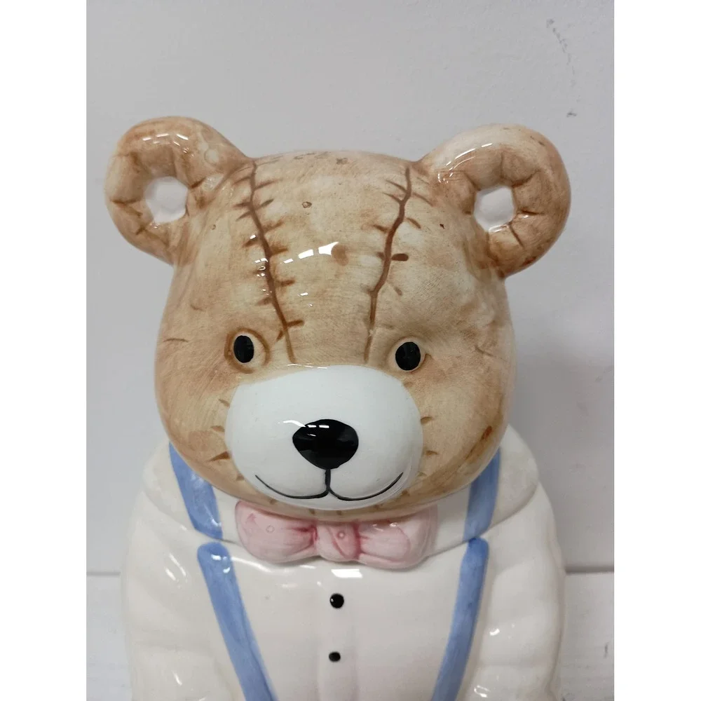 Vintage Teddy Bear Cookie Jar Blue Tan Ceramic Country Kitchen Decor
